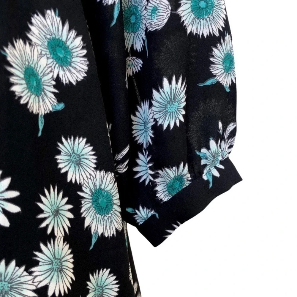 Black & Teal Floral Babydoll Dress Long Sleeves Size XS
